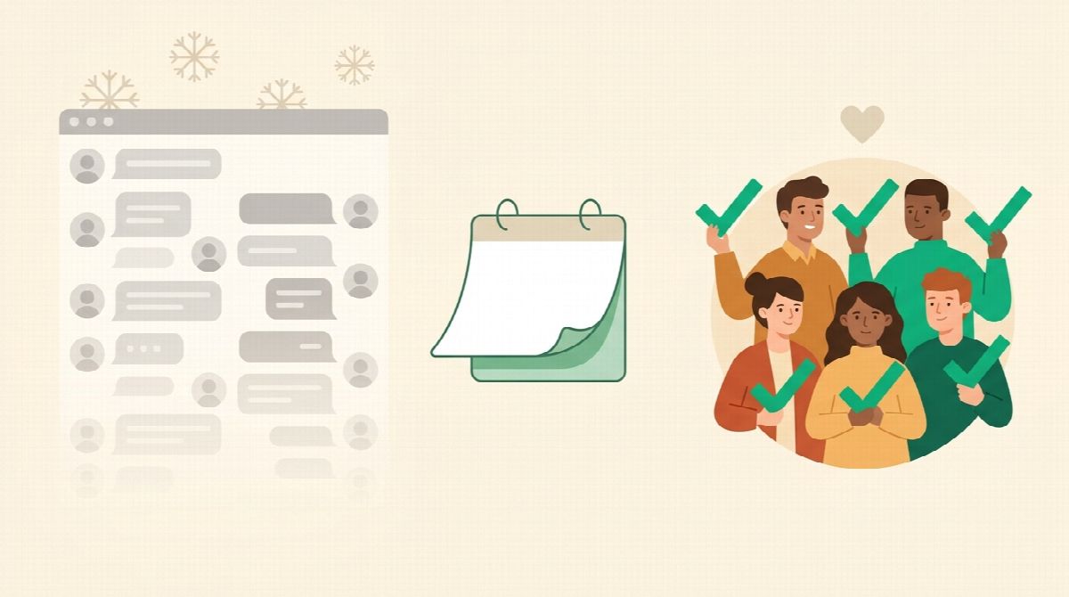 Illustration of a calendar page turning from January to February, a busy chat channel fading on one side and a small circle of people still checking in on the other
