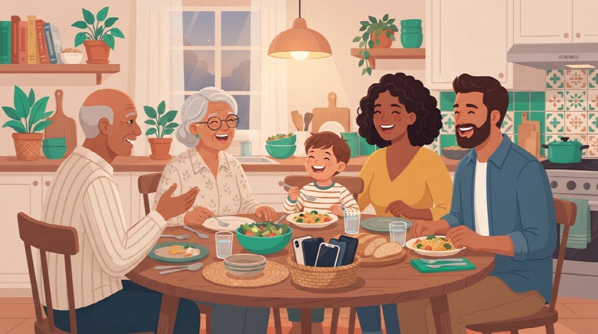 A family including a grandparent laughing around the dinner table with everyone's phones stacked in a basket in the middle