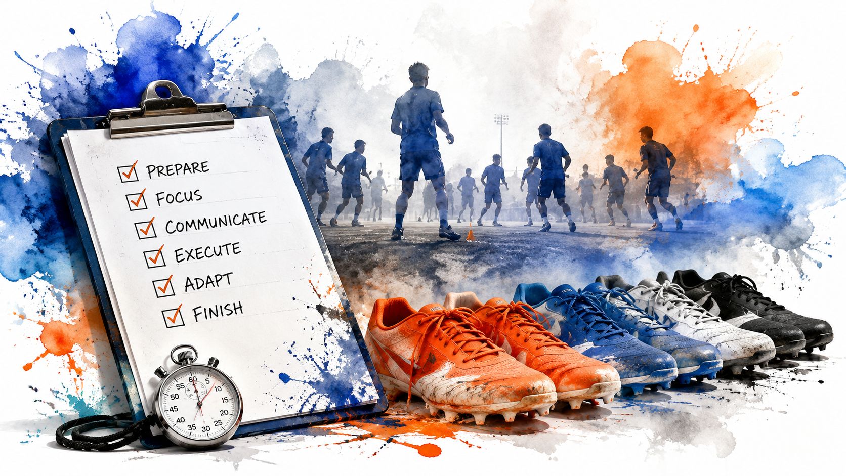 A clipboard with a checklist alongside soccer cleats, symbolizing group fitness challenge planning and team preparation.