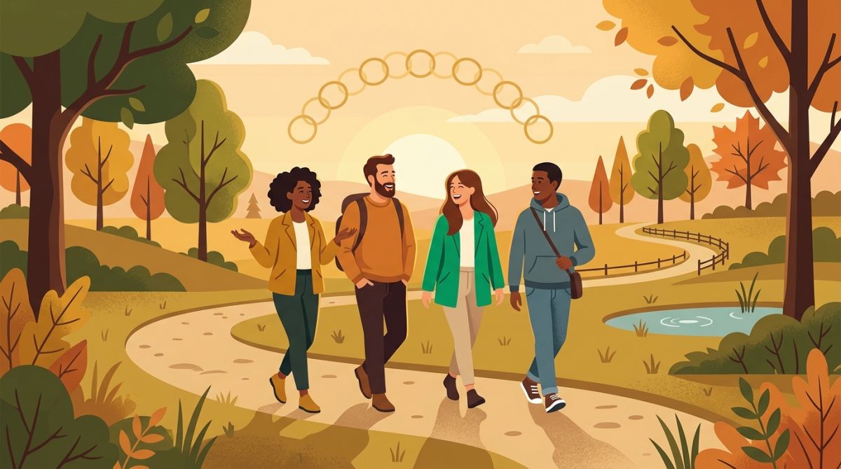 Illustration of a small group of friends walking together on a path