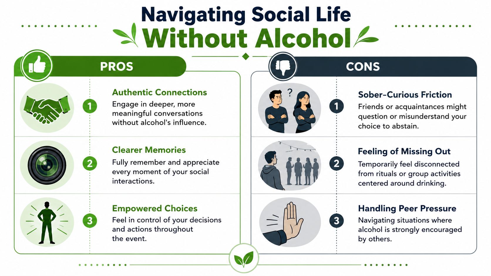 A visual comparison infographic outlining the pros and cons of navigating social life without drinking alcohol.