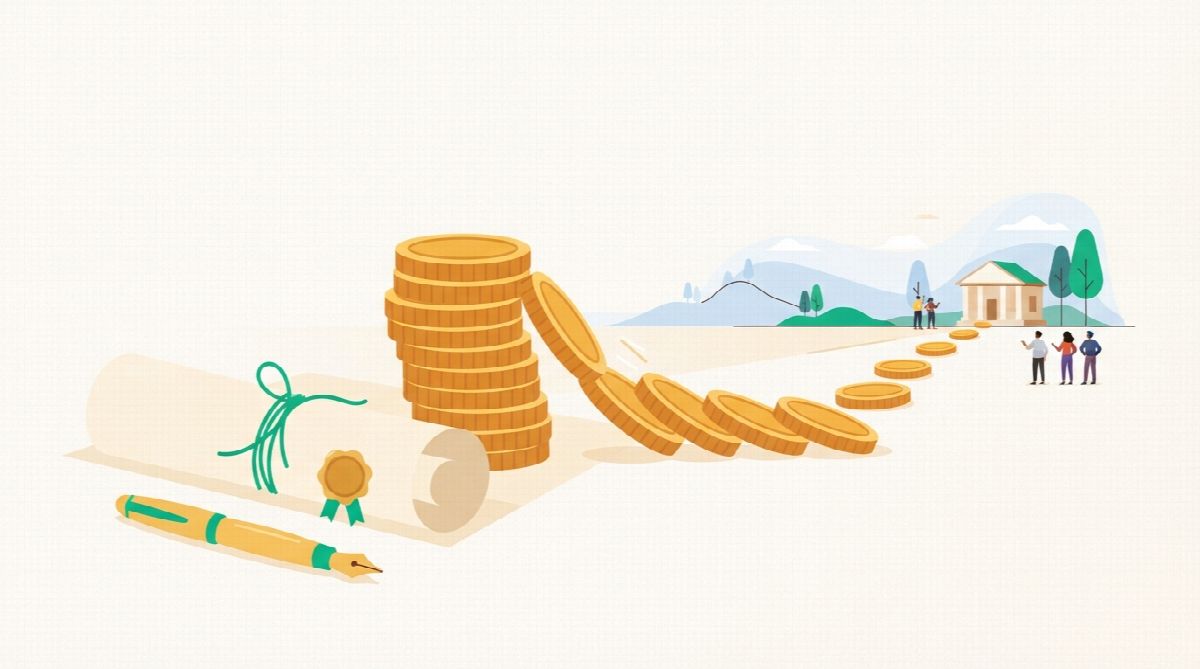 A signed contract scroll beside a stack of coins, half of them sliding away toward a distant building