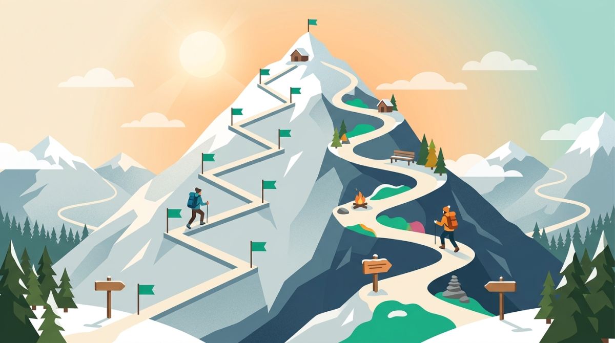 Illustration comparing a rigid fixed checklist with a flexible personal plan, shown as two paths up the same mountain