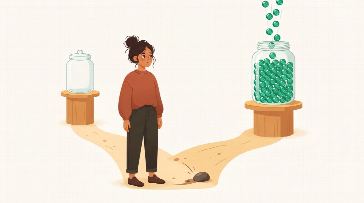 A person standing between an empty jar and a jar nearly full of green marbles after tripping on a small stone