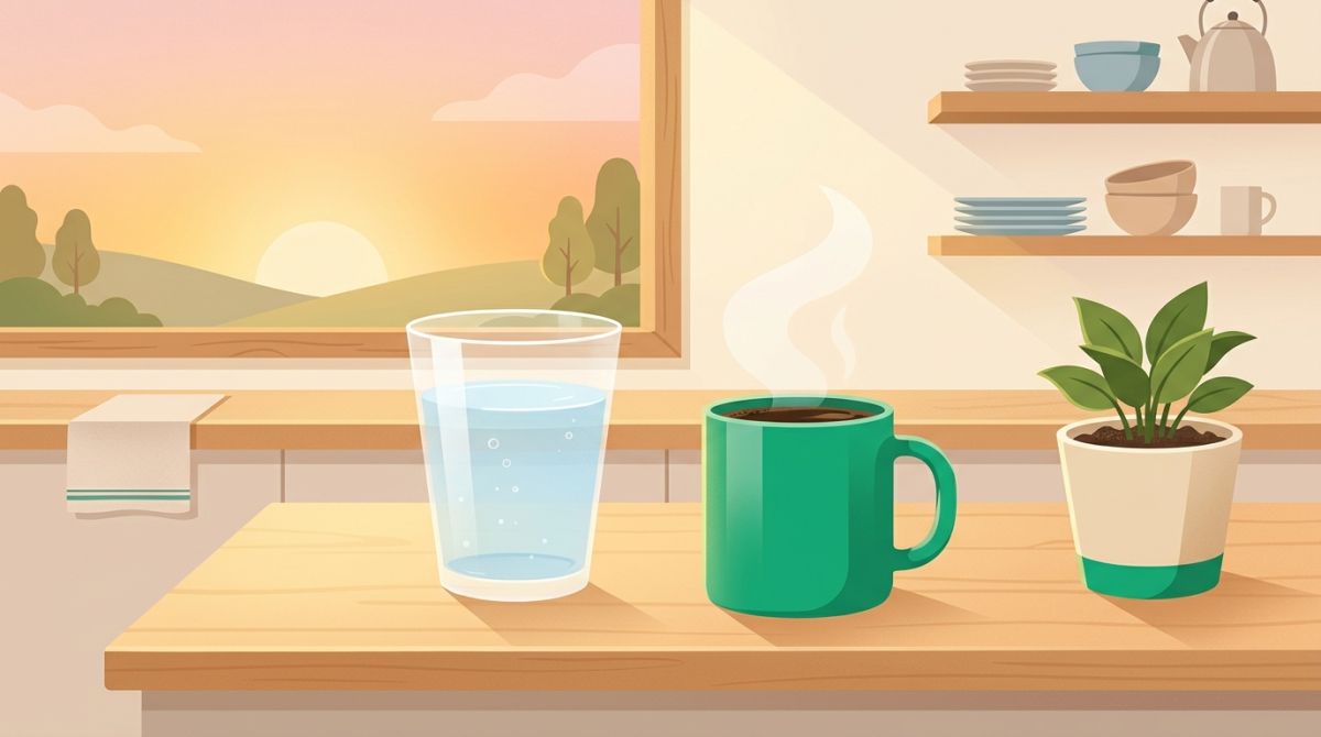 Illustration of a morning routine with a glass of water beside a coffee cup