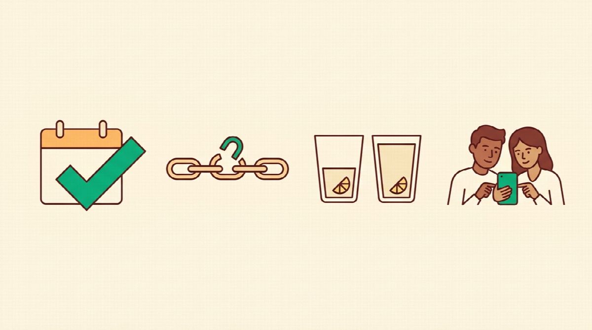 Illustration of a phone showing a 31-day calendar with most boxes ticked, beside a glass of sparkling water and a small group of friends