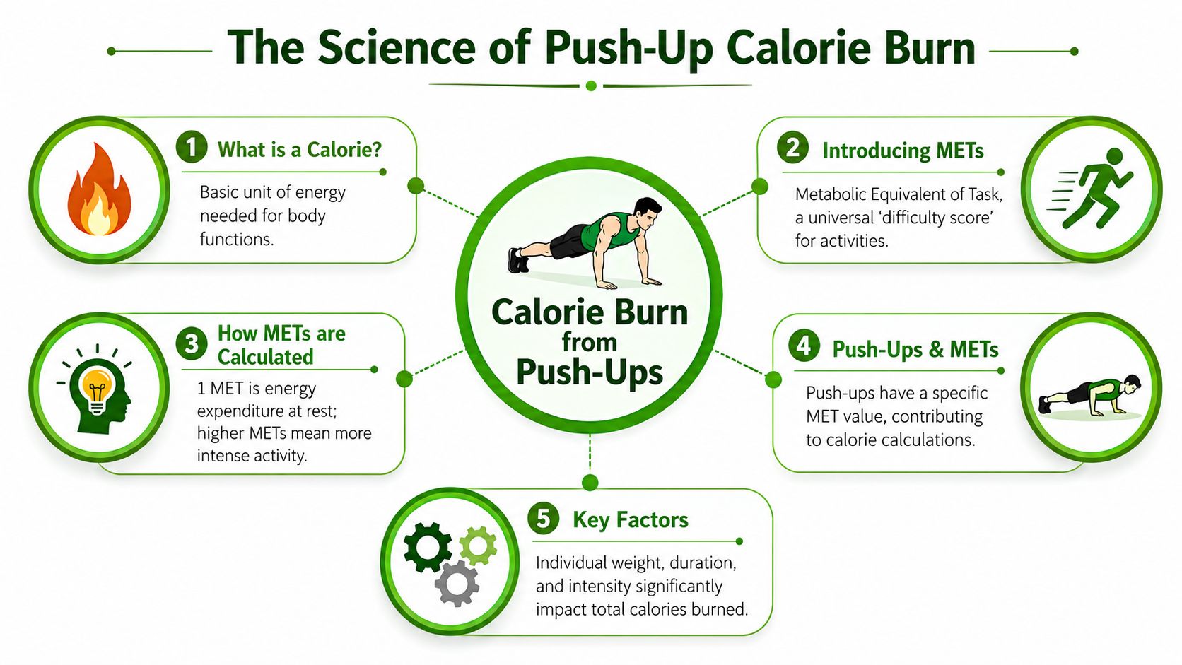 An infographic titled The Science of Push-Up Calorie Burn explaining calories, METs, and factors affecting exercise calorie consumption.