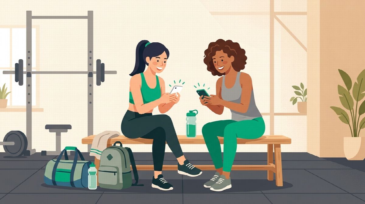 Two friends checking their phones after a workout, flat illustration