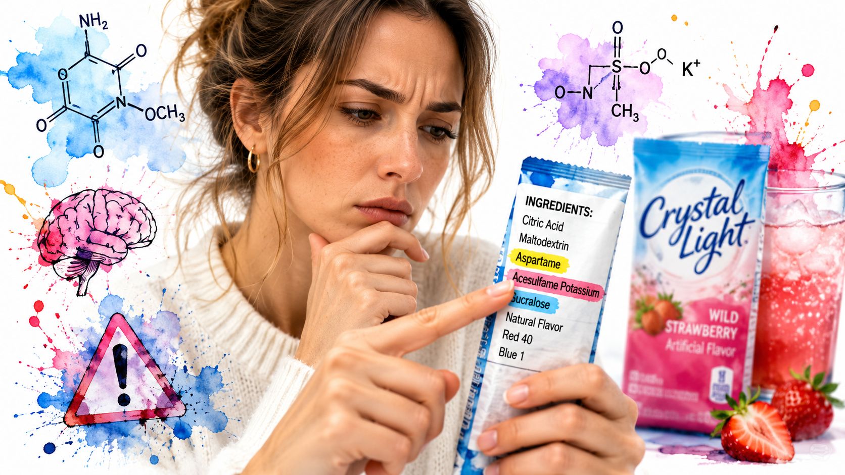 A woman looks concerned while reading the ingredients list on a Crystal Light drink packet, featuring chemical formulas.