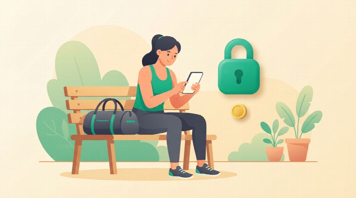 A person on a bench with a gym bag looking at their phone, with a green padlock and a coin floating beside it