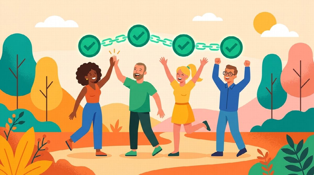 Illustration of a group of friends celebrating a completed daily goal together