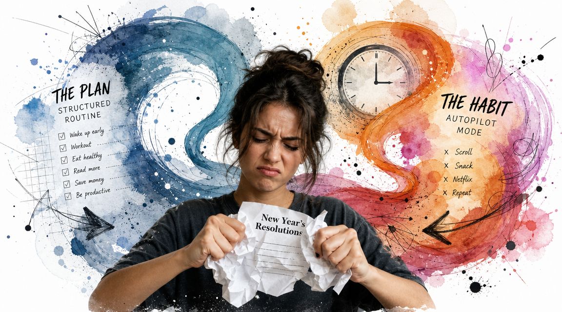 A woman tearing up her New Year's resolutions between a structured routine plan and autopilot habits.