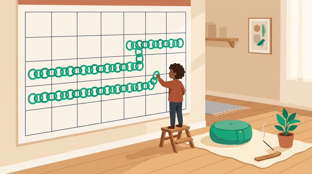 Calendar with a growing chain of completed meditation days, flat illustration