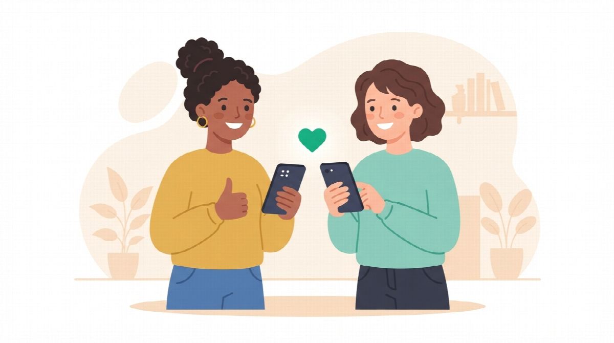 Two friends side by side holding phones, one giving a thumbs up, with a small green heart floating between them