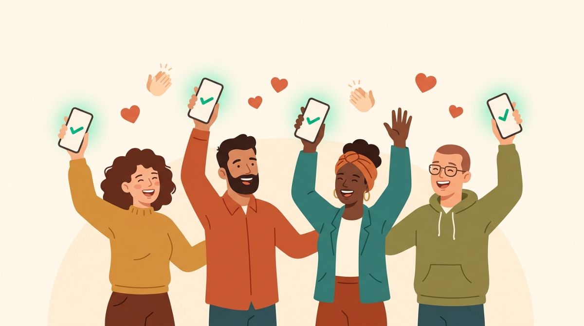 A small group of friends each holding up a phone with a glowing check mark, clapping hands and hearts floating between them
