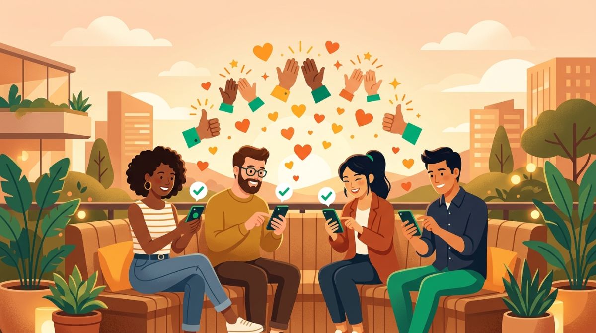 Illustration of a small group of friends each checking in a daily habit on their phones, with encouragement flowing between them