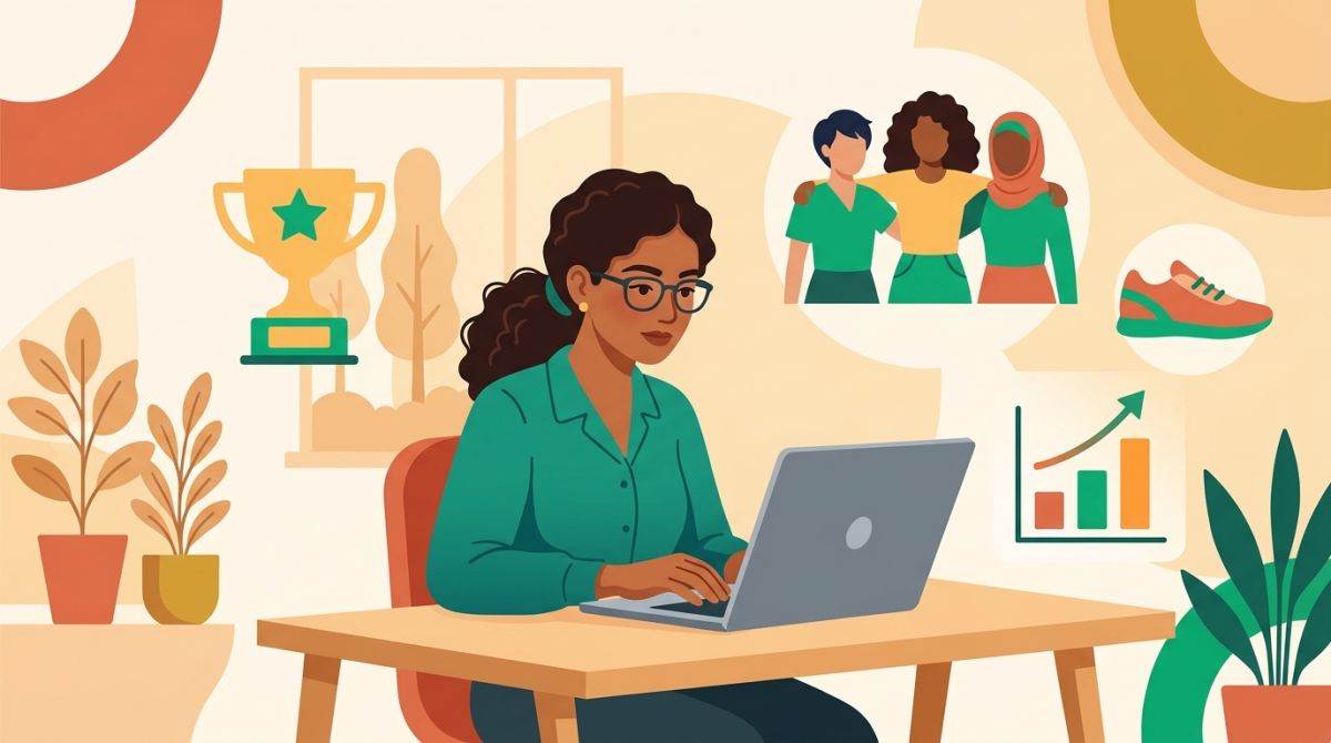 Flat illustration of an organizer at a laptop setting up a group fitness challenge, with a team, trophy, and leaderboard around her