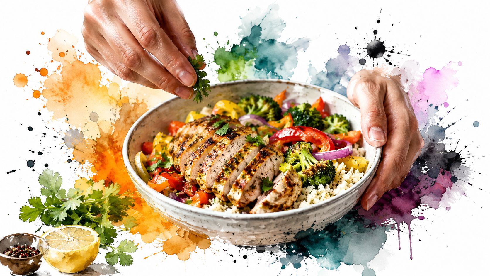 A colorful, artistic bowl featuring grilled chicken strips served over a bed of grain with vegetables.