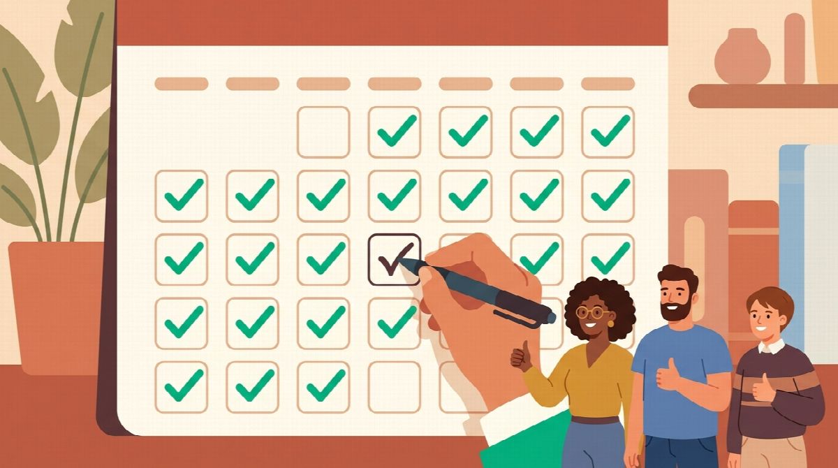 Flat illustration of a hand checking off a day on a calendar full of green checkmarks while three people give a thumbs up