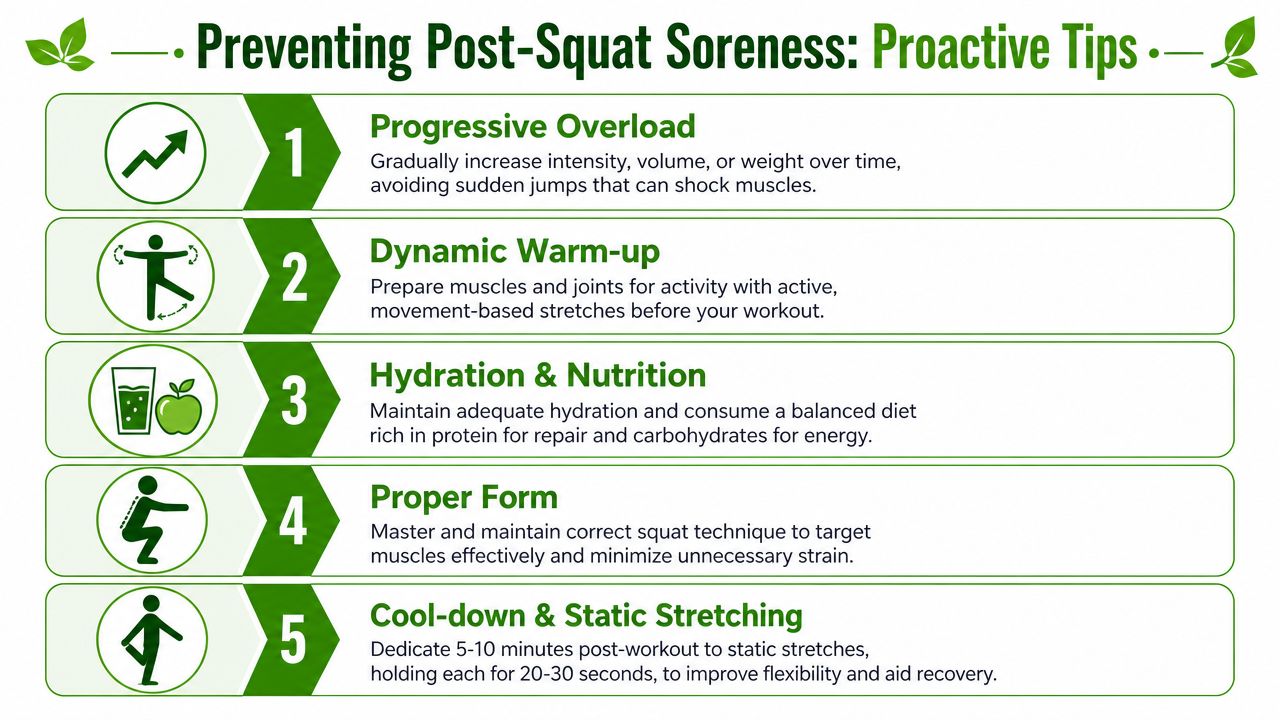 An infographic detailing five proactive tips to prevent muscle soreness after performing squat exercises.