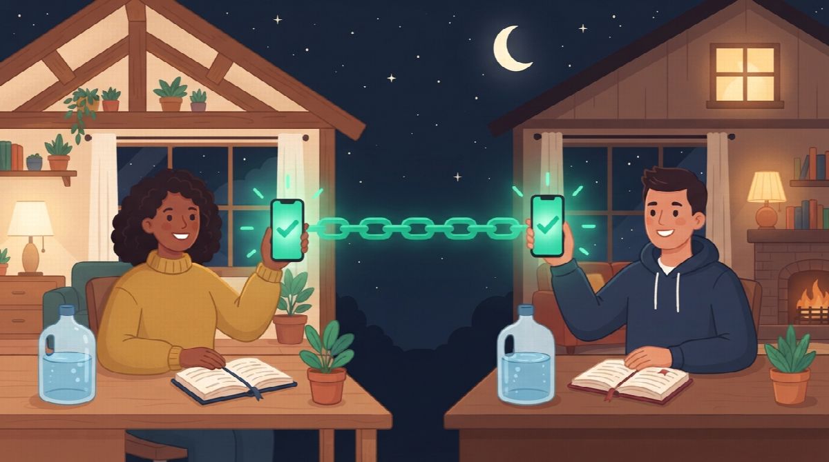 Illustration of two friends in separate homes at night, each holding up a phone with a green checkmark, a water jug and open book beside each of them, their homes joined by a glowing green chain