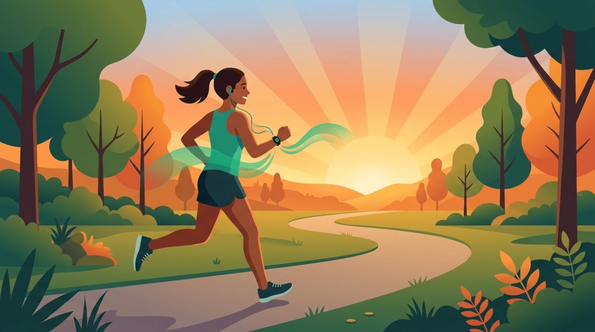 A runner at sunrise wearing earbuds, with soft green sound waves coming from the smartwatch on their wrist
