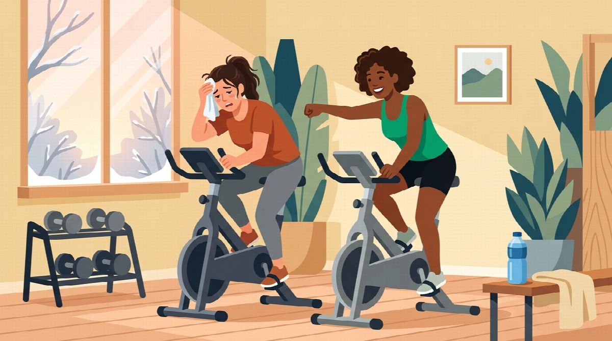 Two friends on stationary bikes in a small home gym, one tired and wiping their brow, the other leaning over with an encouraging fist bump