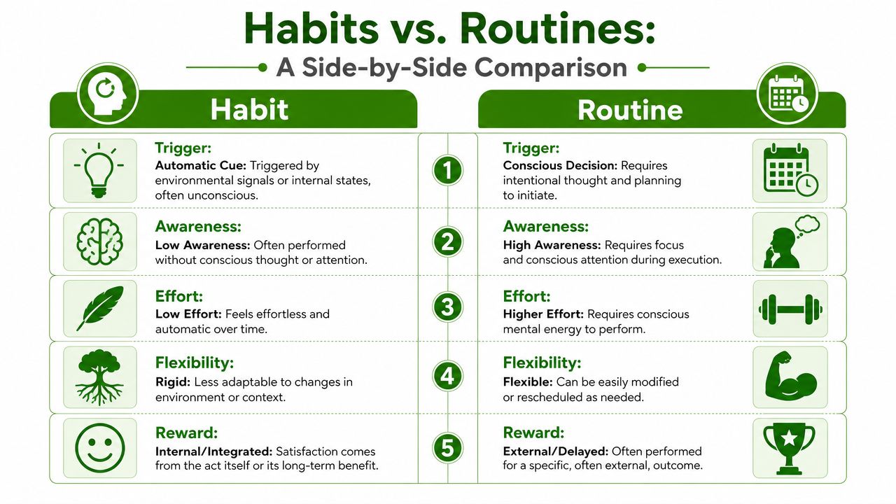 A comparison chart outlining the key differences between habits and routines using categories like trigger, awareness, and effort.