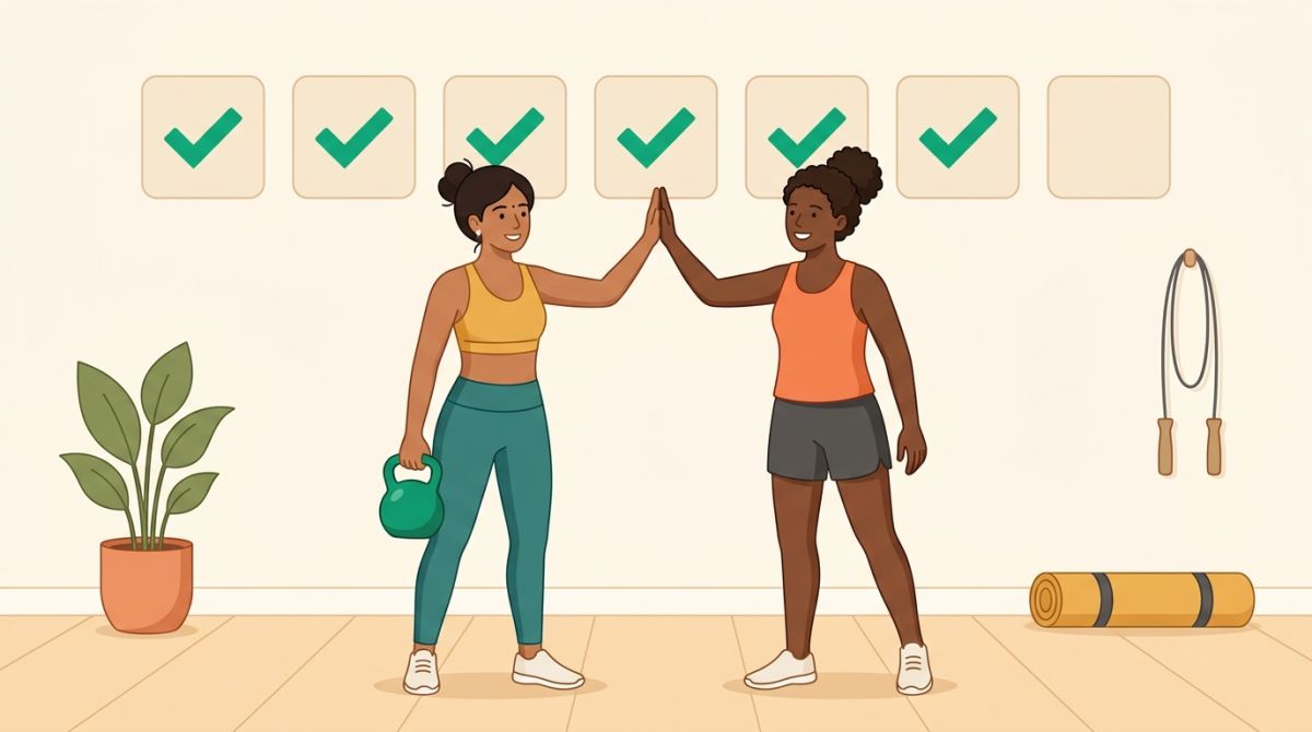 Two friends high-fiving in a home gym in front of a week of green check marks