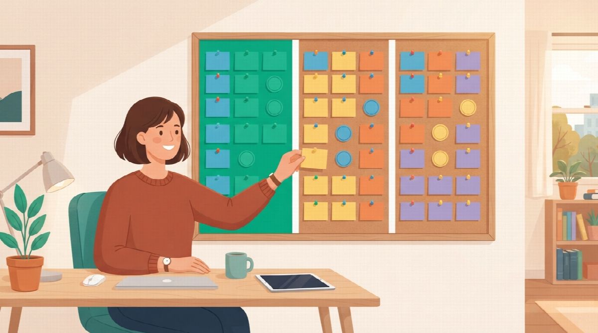 A community moderator arranging cards on a wall board into three tidy columns