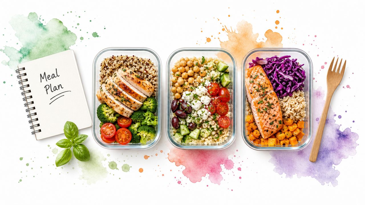 Three glass meal prep containers filled with healthy food like chicken, salmon, vegetables, and grains on white.