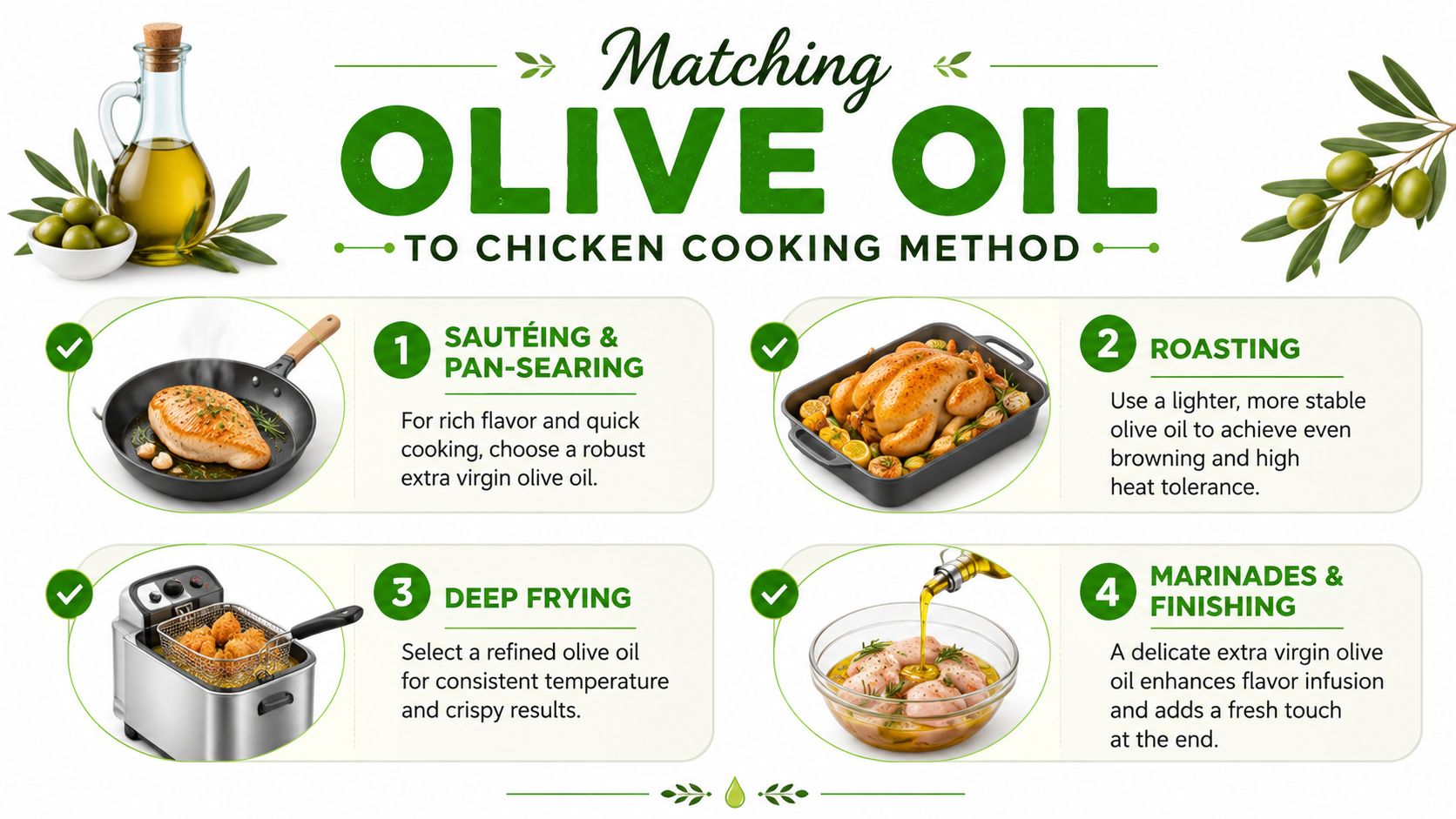 An infographic showing the best types of olive oil for sautéing, roasting, deep frying, and marinating chicken.