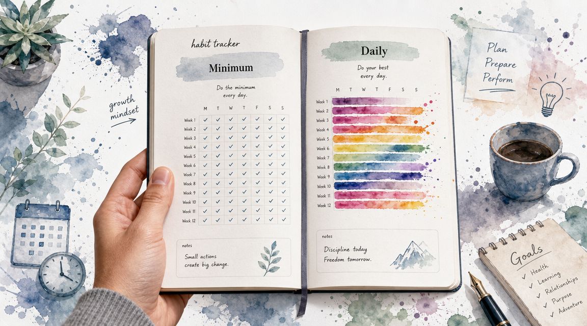 A person holding an open planner featuring habit tracker charts, watercolor illustrations, and goal-setting sections on a desk.