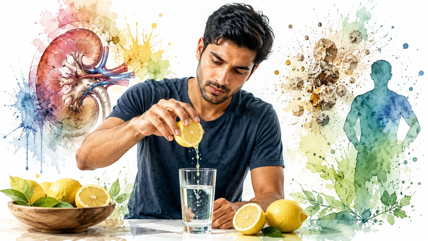 A man squeezing fresh lemon juice into a glass of water, highlighting kidney health and stone prevention.
