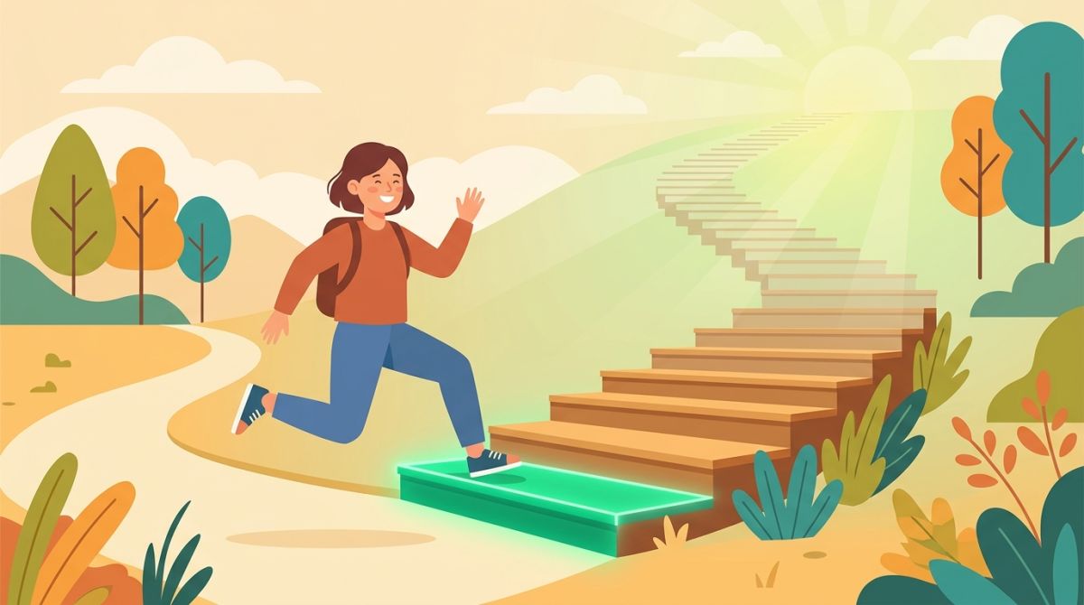 Illustration of a person stepping onto the first step of a long staircase, the first step glowing