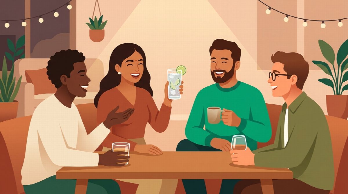 Person happily chatting with friends at a gathering while holding a glass of sparkling water