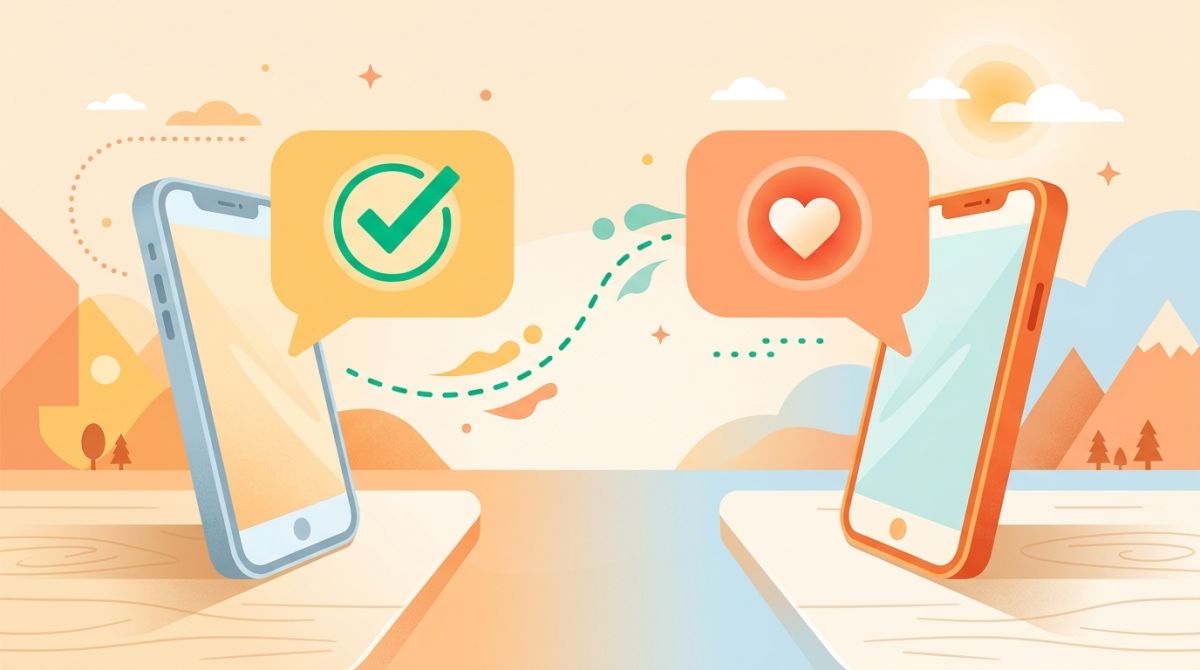 Illustration of two speech bubbles exchanging a checkmark and a heart between two phones