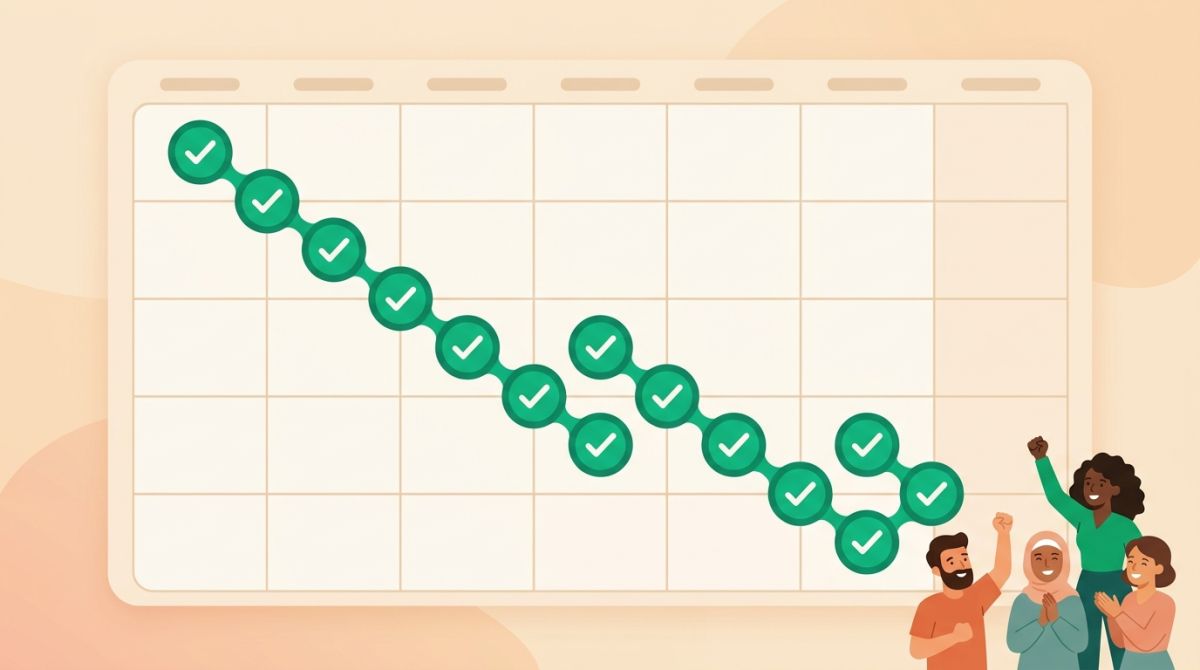 Illustration of a calendar month with a growing chain of checkmarks across it and a small group of people gathering around it