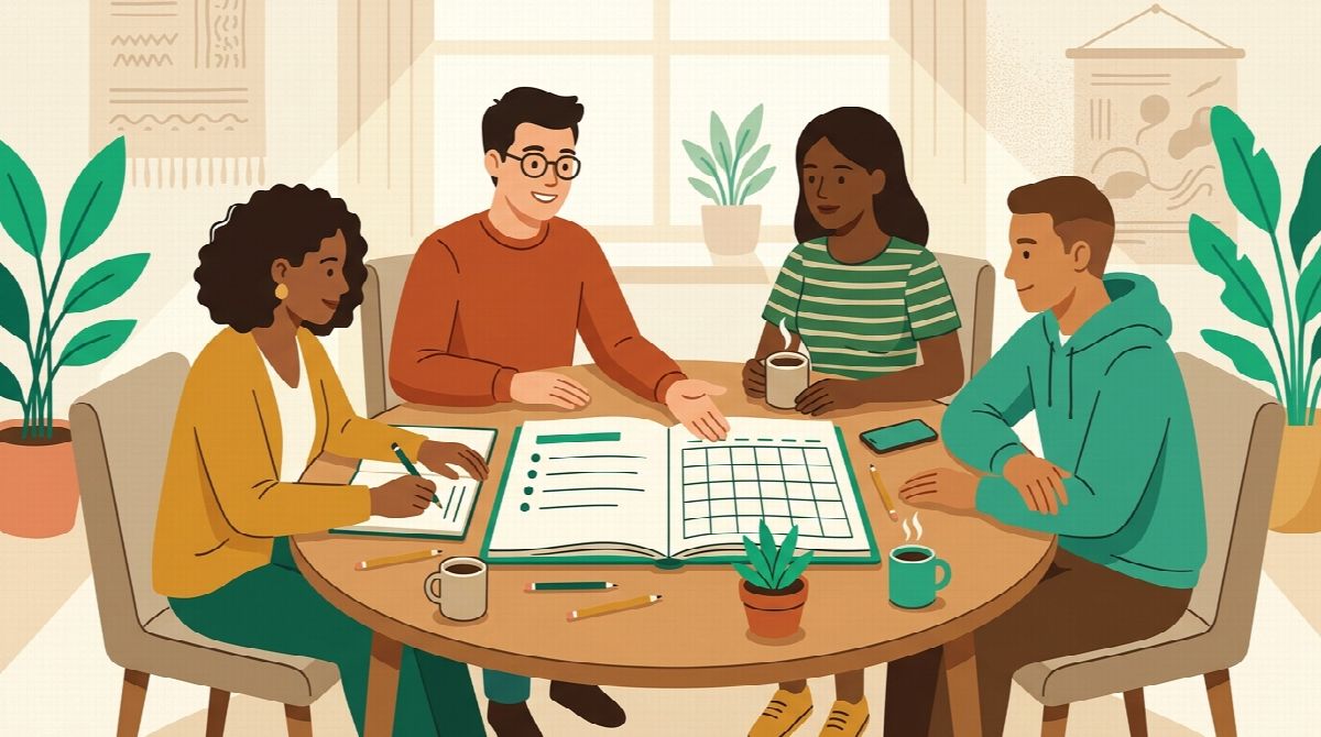 Illustration of four friends planning a shared habit challenge around a table