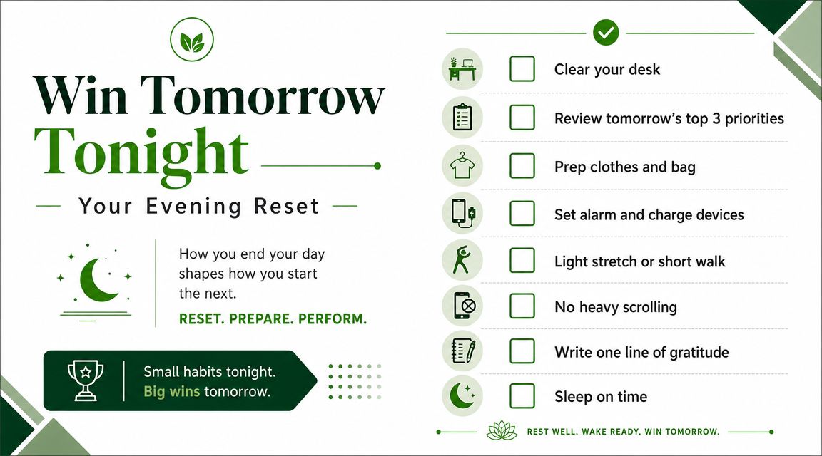 A checklist for an evening routine to improve productivity and help you get to work on time.