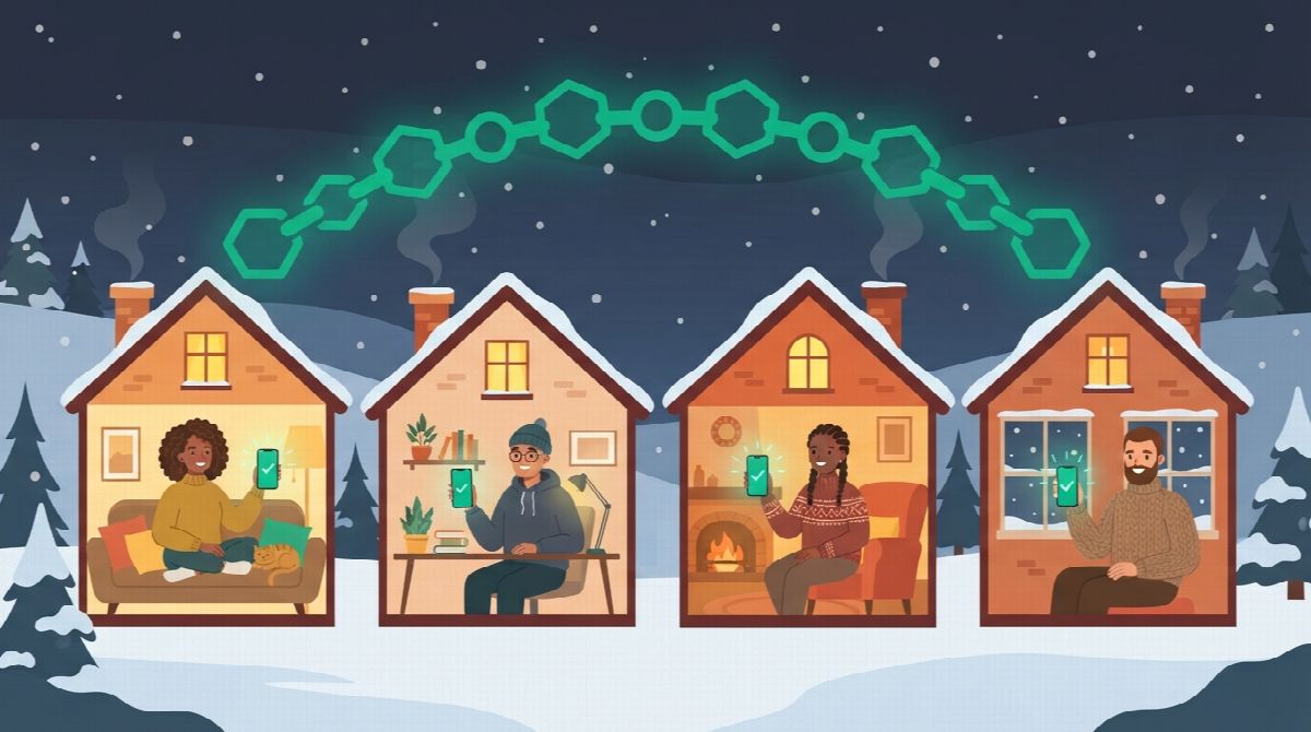 Illustration of four friends in four separate cozy homes on a snowy evening, each holding up a phone showing a green checkmark, their homes joined by a glowing green chain of links
