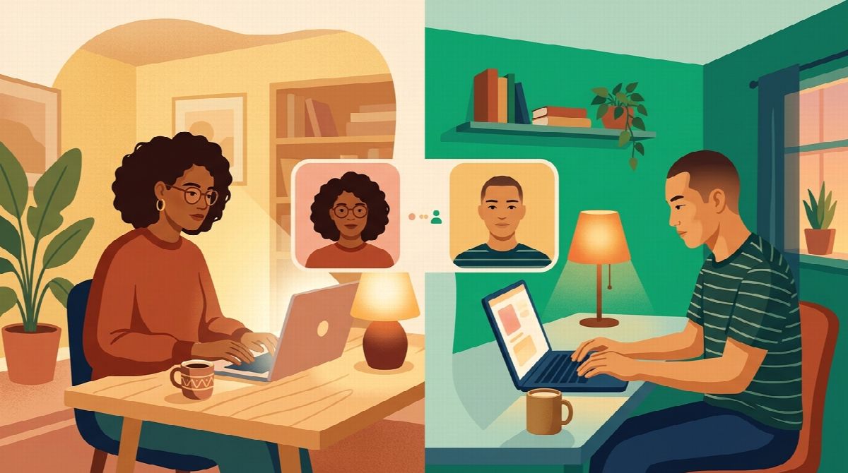 Illustration of two people in a video call working side by side at their desks