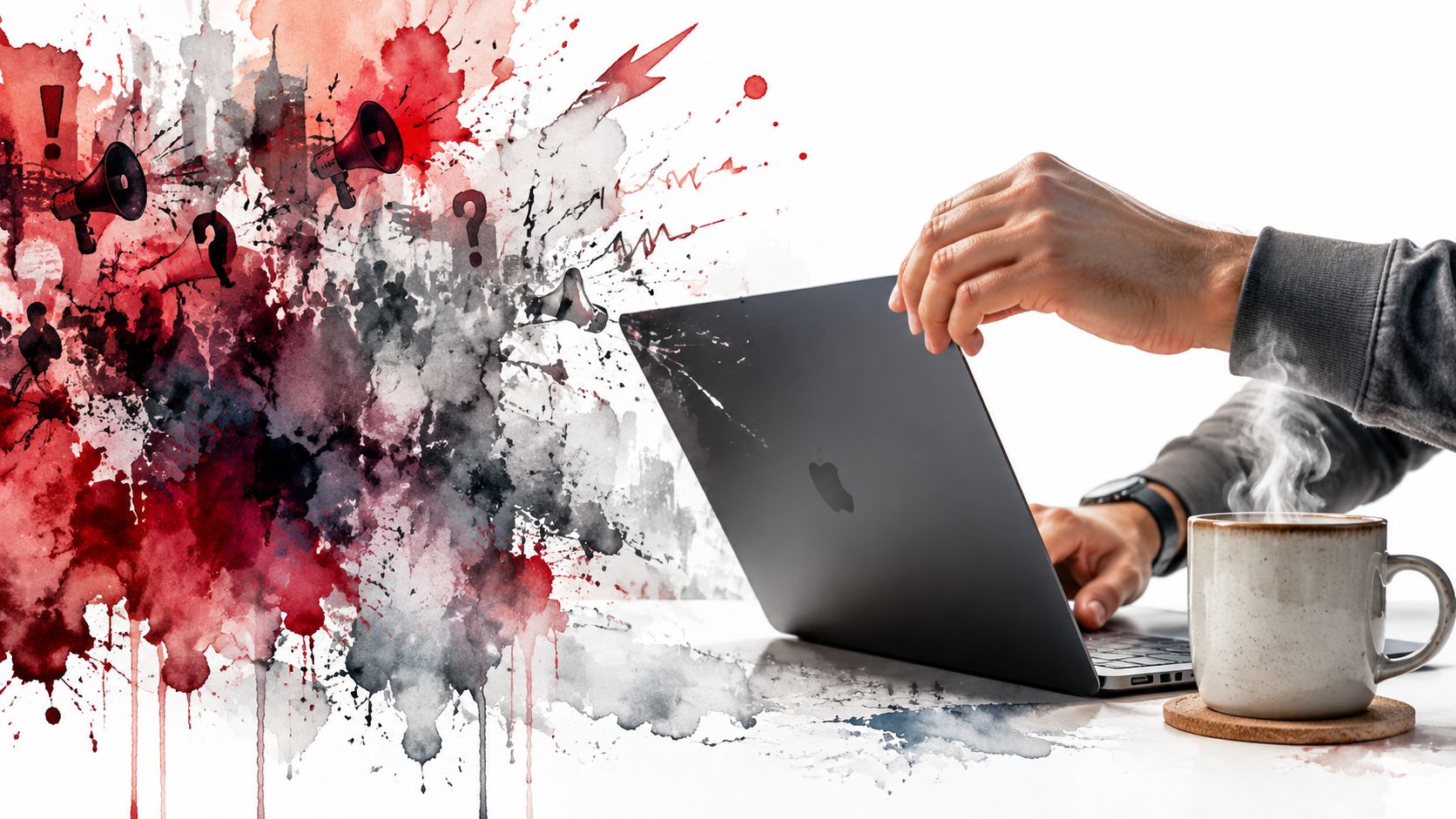 A person using a laptop with an artistic splash of red and black paint and megaphones.