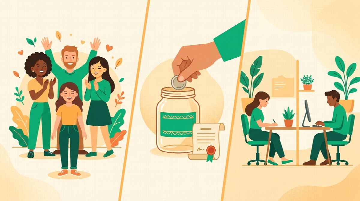 Illustration of three paths to accountability: a group cheering, a commitment contract, and two people working side by side