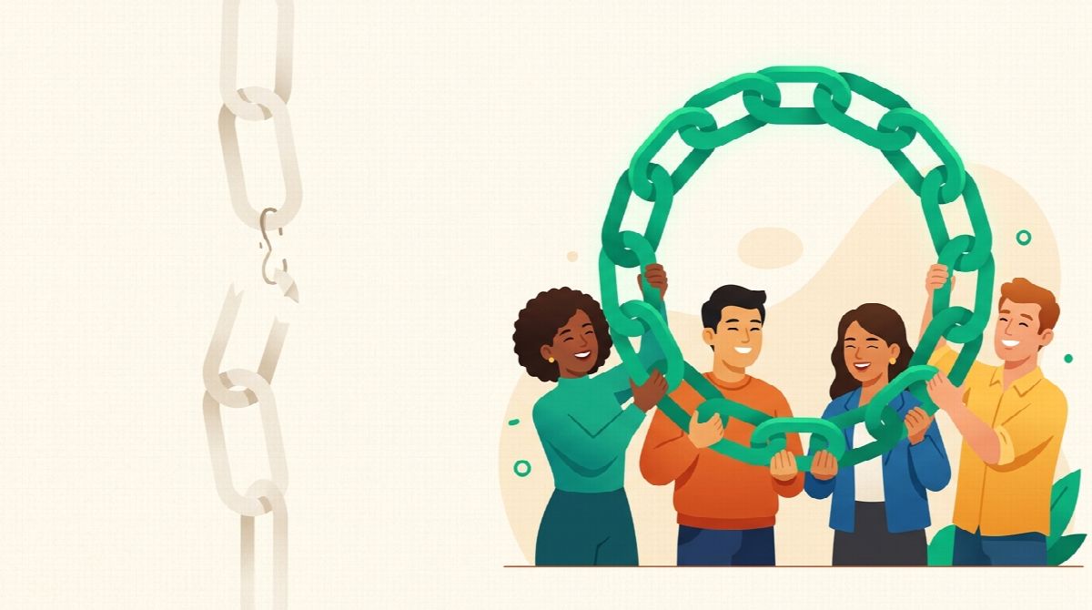 Illustration of a fragile two-person link next to a resilient small group holding a chain together