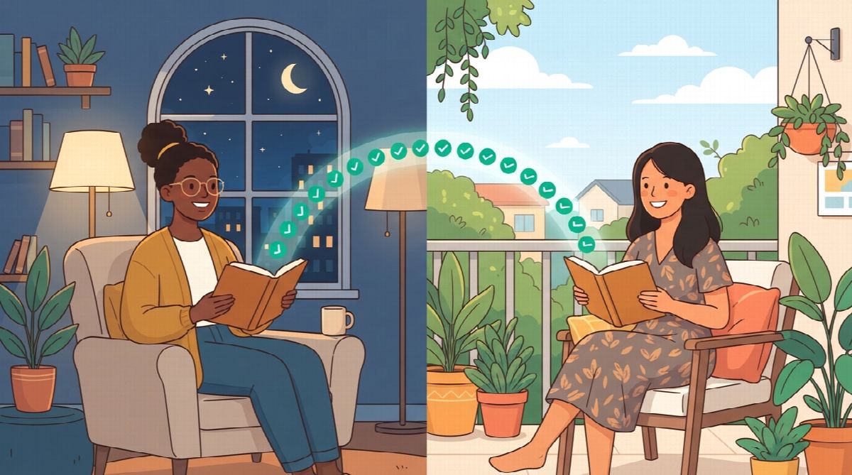 Two friends in different homes, each reading, connected by an arc of green checkmarks