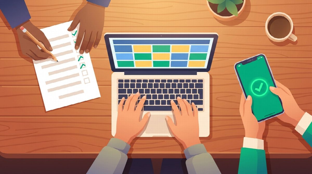 Top-down view of three pairs of hands: one ticking a paper checklist, one at a laptop spreadsheet, one holding a phone showing a single green check mark