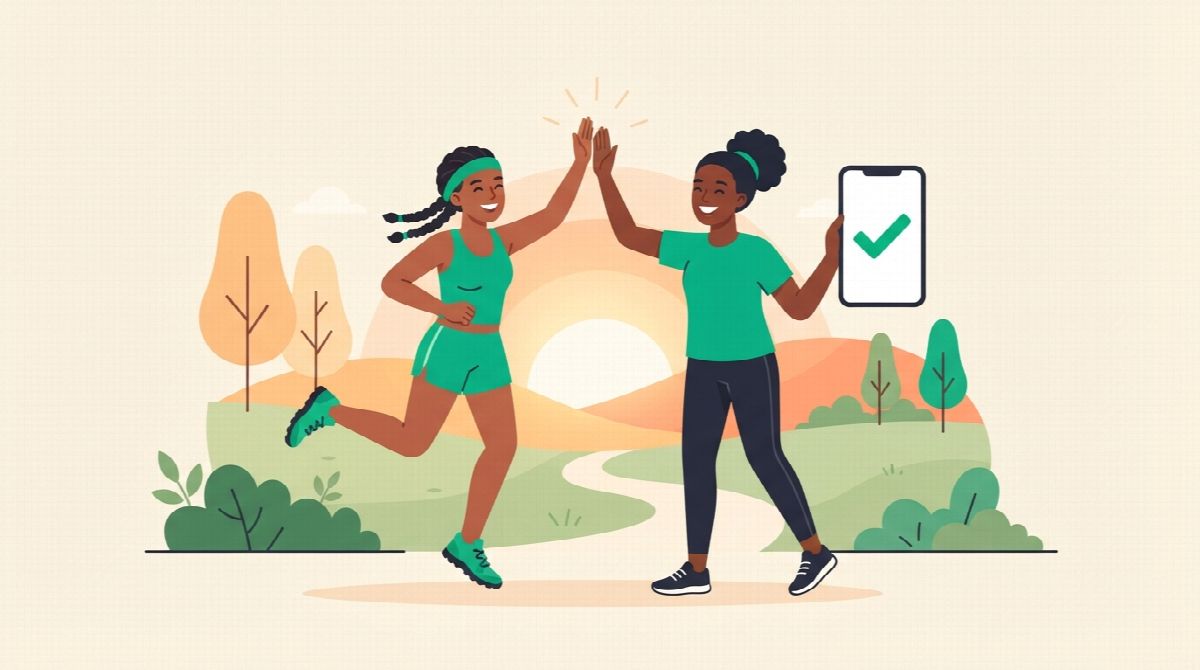 Two friends high-fiving at sunrise after a run, one holding a phone that shows a green checkmark