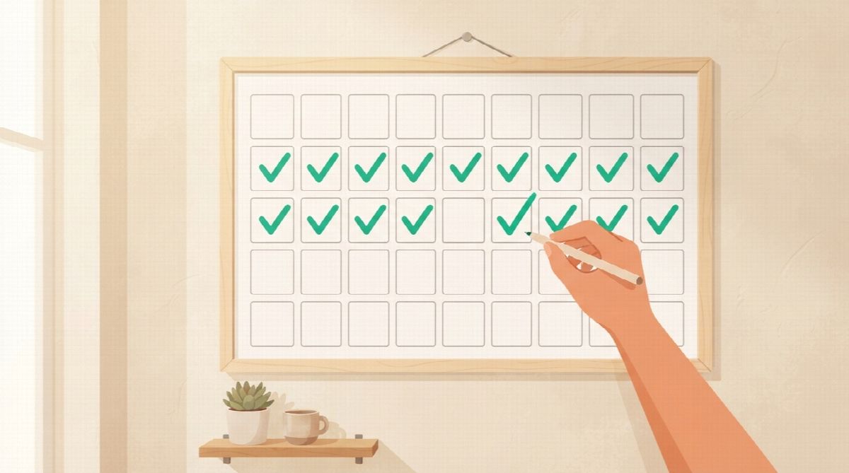 A wall calendar with a long run of green checkmarks, one empty square, and a fresh checkmark on the very next day