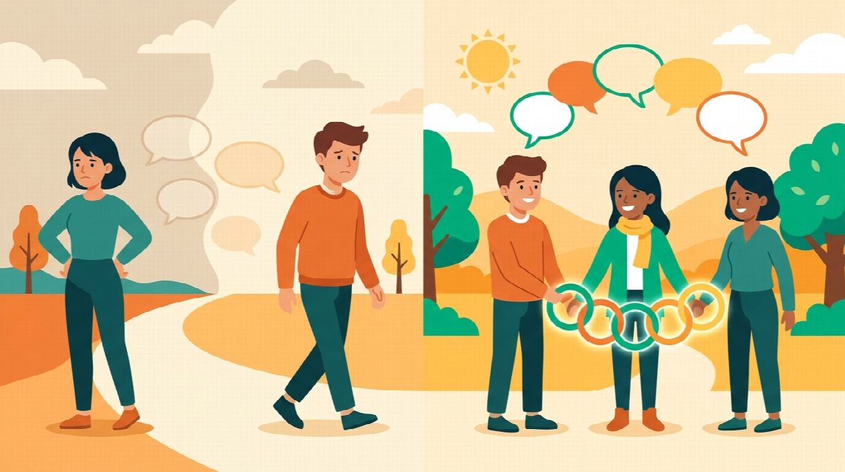 Illustration of a two-person chat fading to silence while a third person joins to keep the loop alive